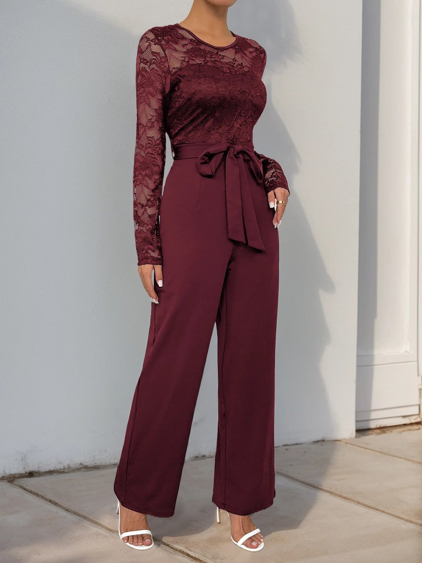 Spring New Women's Sexy Lace Spliced Long Jumpsuit Fashion Solid Color Hollow Long Sleeve Casual Laces Wide Leg Jumpsuit Women.