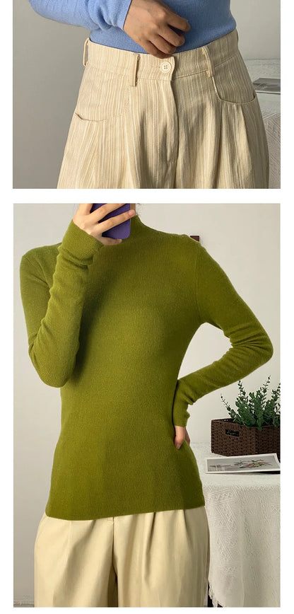 100% Ultra-fine Merino Wool Sweater Autumn and Winter Loose and Simple Semi-turtleneck Wool Bottoming Shirt Multi-color Sweater