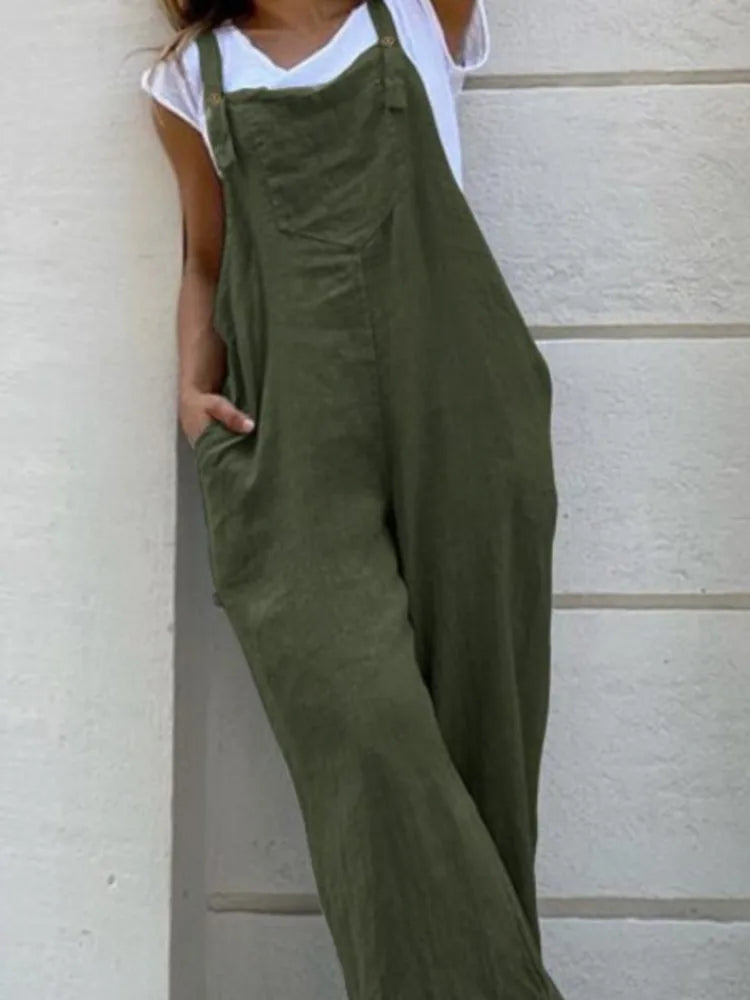 Spring Summer Jumpsuit For Women Solid Color Romper Casual Pant Pockets Button Wide Leg Strap Jumpsuits Loose Rompers Overalls.