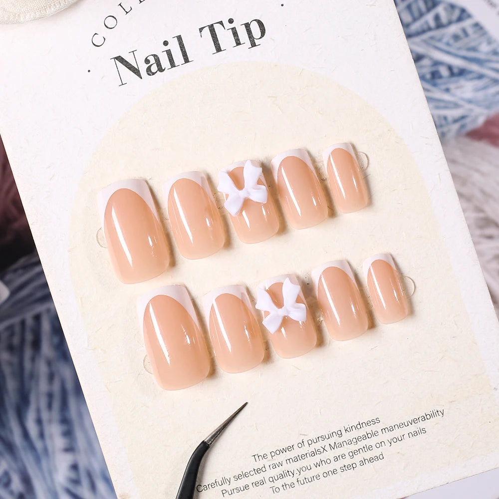 24Pcs White French Press On Nails 3D Bow Design Full Cover Wearable False Nails Short Square Head Ballet Fake Nails For Women.