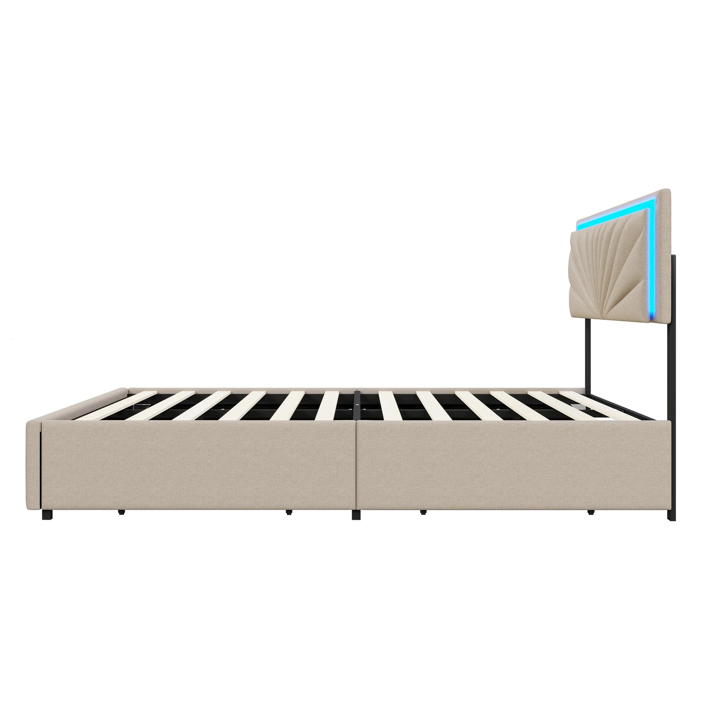 Lazyspace Beige-Leinen-Polsterbett, Doppelbettrahmen, Stauraumbett mit 4 Schubladen und höhenverstellbarem Kopfteil mit RGB-LED