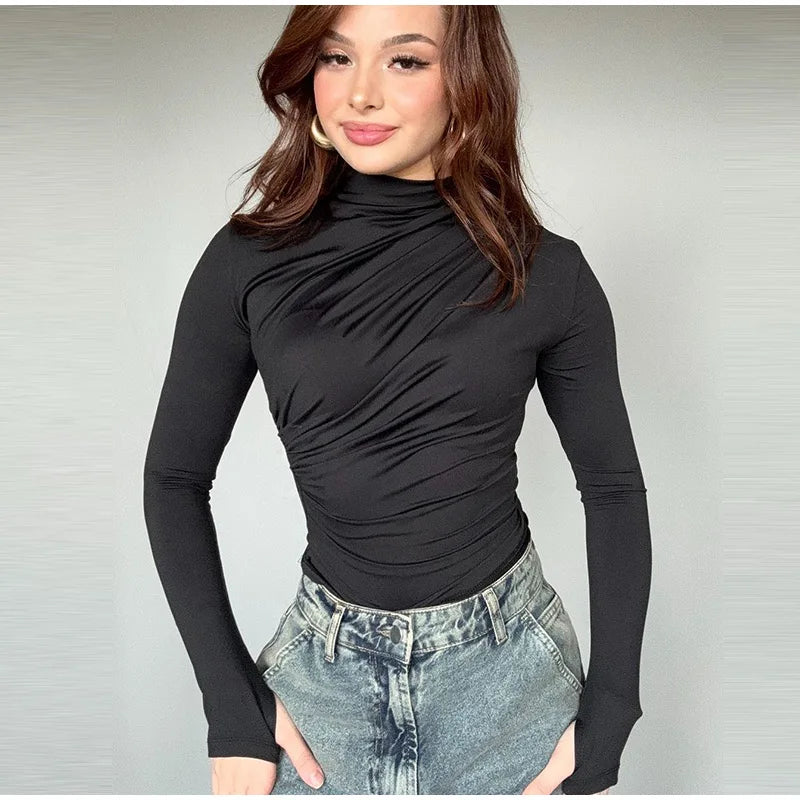 Women Tees Sexy Turtleneck Long Sleeve Pleated All-match Basic Lady T-shirts 2025 Spring Autumn Fashion Chic Female Streetwears