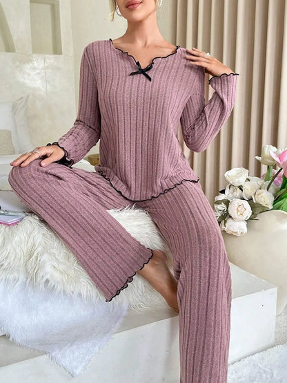 Women Autumn Winter Sleepwear Ribbed Pajamas Set Long Sleeve Top and Long Pants 2 Piece Set Casual Homewear Loungewear.