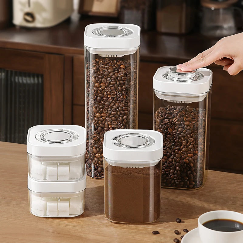 Airtight Food Storage Container with Pop Up Lid Plastic Clear Moisture-Proof Coffee Beans Cereals Jar Pantry Organizer Box.
