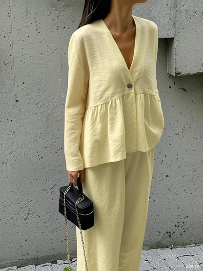 Summer Vacation Solid Color Simple Outfits Elegant V-neck Long Sleeve Tops&Wide Leg Pants Sets Fashion Loose Women's Commute Set.
