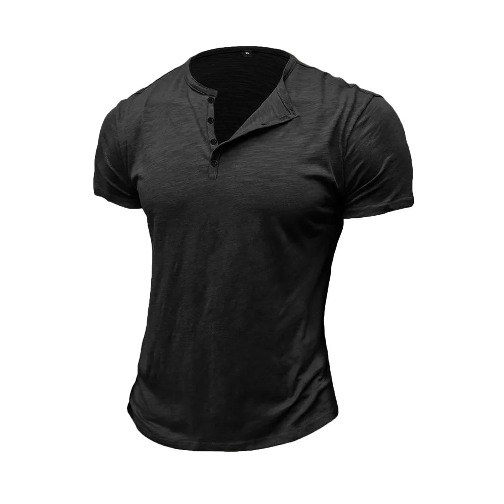 Summer Men's Cotton T-shirt Short-sleeve Henley Collar Casual Solid Color Button Tees Polo High Quality Male Cozy T-shirts.