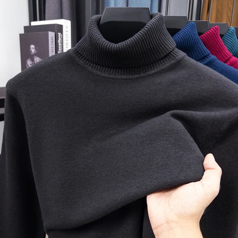 Autumn Mens High Quality Knitted Turtleneck Sweater Slim Fit Long Sleeve Anti-pilling Pullover Solid Color Trend Men Streetwea