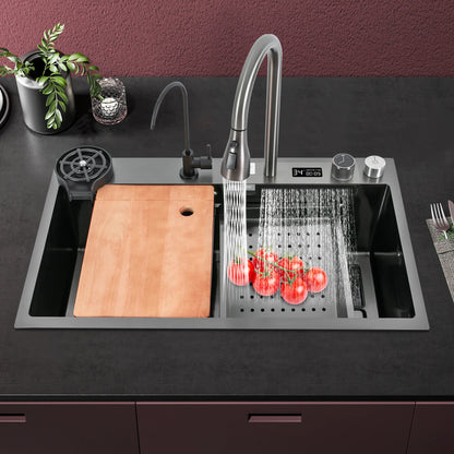 Küchenspüle aus Edelstahl 201 mit Digitalanzeige, ausziehbarer Wasserhahn, Abtropfkorb, Schneidebrett, Hochdruck-Becherwascher