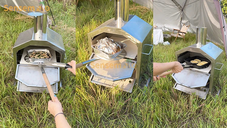 Tragbarer, holzgefeuerter Pizzaofen für den Außenbereich mit 12-Zoll-Stein und Thermometer, klappbare Beine, Camping-Grillmaschine aus Edelstahl für den Hinterhof