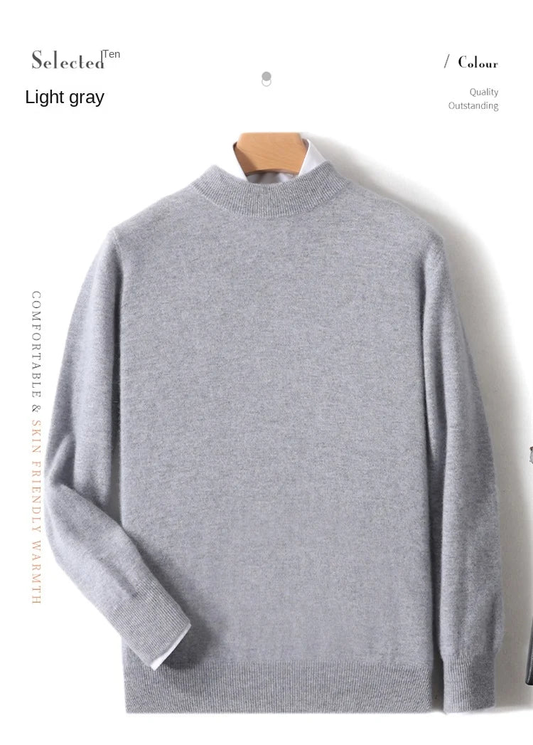 100% Pure Merino Wool Men's Semi High Neck Pullover Solid Color Plus Size Casual Sweater Autumn And Winter Sports Cashmere Top