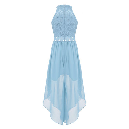 Sommer Mädchen Ärmellosen Chiffon Maxi Kleid Shiny Perlen Spitze Gebaut-in Shorts Party Kleid für Hochzeit Geburtstag Dance Leistung