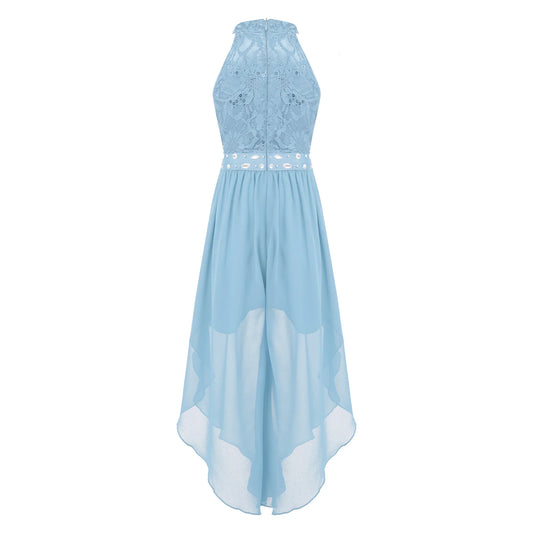 Sommer Mädchen Ärmellosen Chiffon Maxi Kleid Shiny Perlen Spitze Gebaut-in Shorts Party Kleid für Hochzeit Geburtstag Dance Leistung