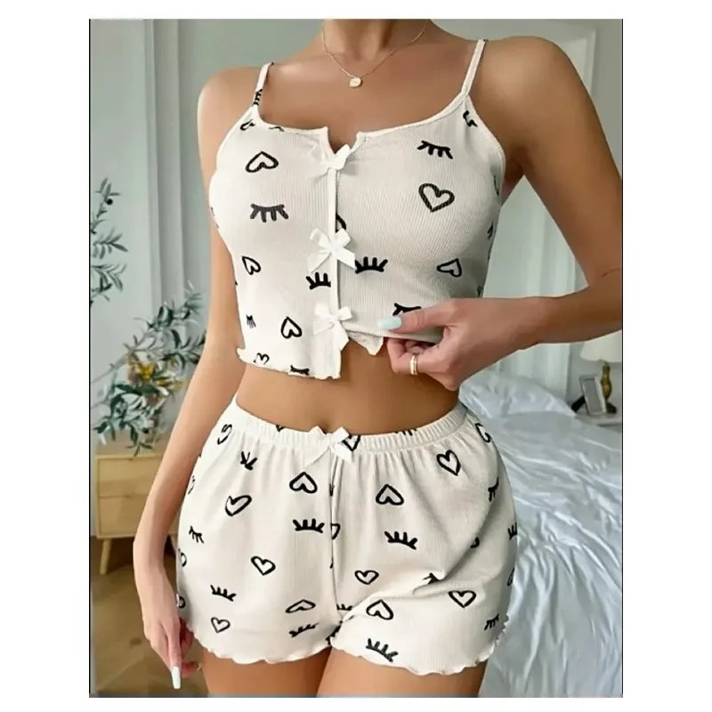 Damen Sexy Pyjamas Herz Wimpern Bedrucktes Pyjama Set V-Ausschnitt Camisole Top Shorts Loungewear.