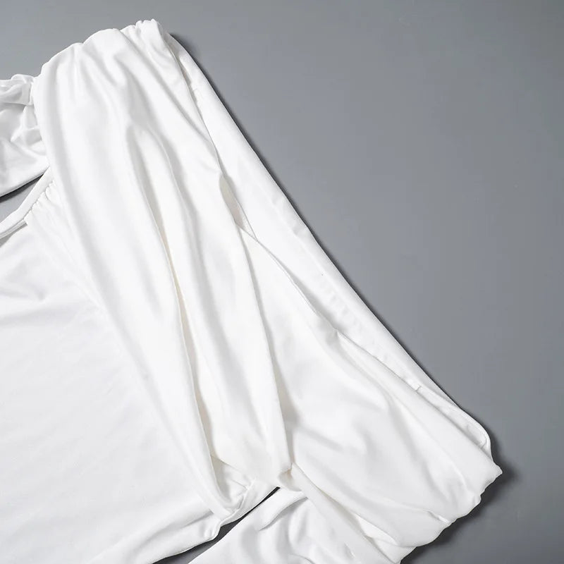 Cryptographic Fashion Ruched Sexy Backless Wrap Bodysuit Elegant Off Shoulder Slim Long Sleeve White Tops One Piece Skinny Fall.