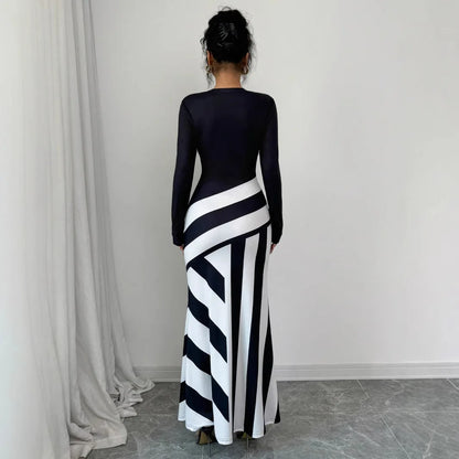 Sexy frauen Maxi Kleider Neue Herbst Streetwear Fashion Schwarz Weiß Patchwork Beiläufige Dünnes Kleid Elegante Gestrickte Kleider Kleidung