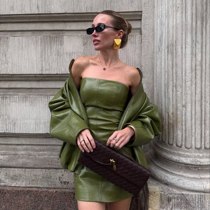 Stylish Leather Solid Jacket Pants Set Women Stand Collar Zipper Coat Loose Trousers Sets Female 2025 Autumn Fashion Streetwears