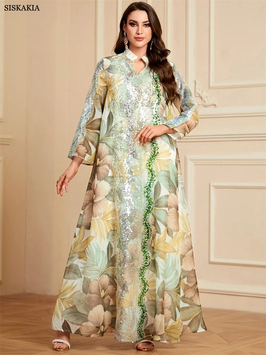 Siskakia Ramadan Dubai Floral Print Long Dress Sequins Patchwork Abayas Mesh Kebaya For Muslim Women's Casual Loose Clothing.