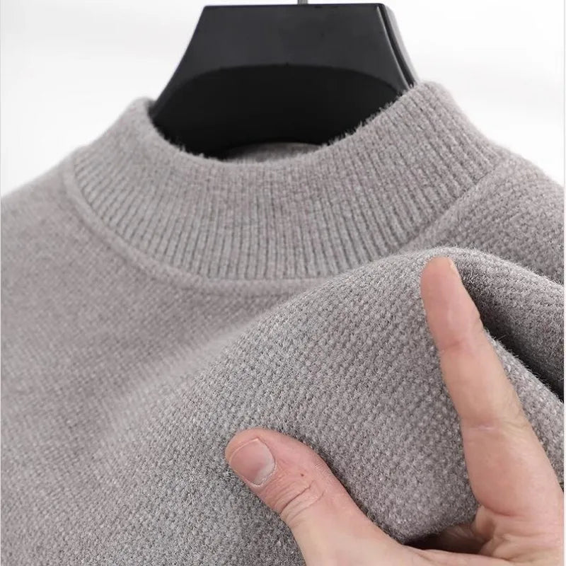New 2025 Men's Cashmere Sweater Warm Thickened Winter Casual Solid Knitted Pullovers Mock Neck Thicker Fleece Sweater for Men.