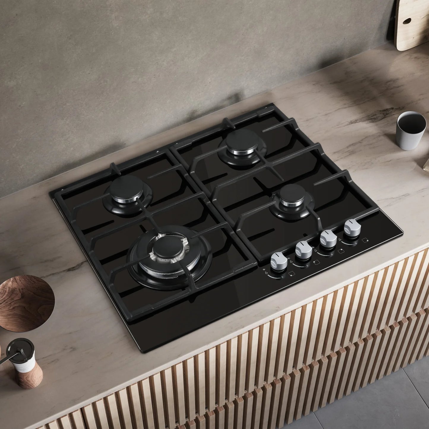 ‌58cm Gas Hob | 4 Burner Dual Fuel (NG/LPG) 8060W Auto Flame Shut-off & Tempered Glass Surface | Built-in/Freestanding 220-240V.