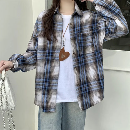 Zjaiss Women Thick Woolen Plaid Blouse Loose Long Sleeved Tops 2025 Autumn Winter New Casual Shirt Long Shirts