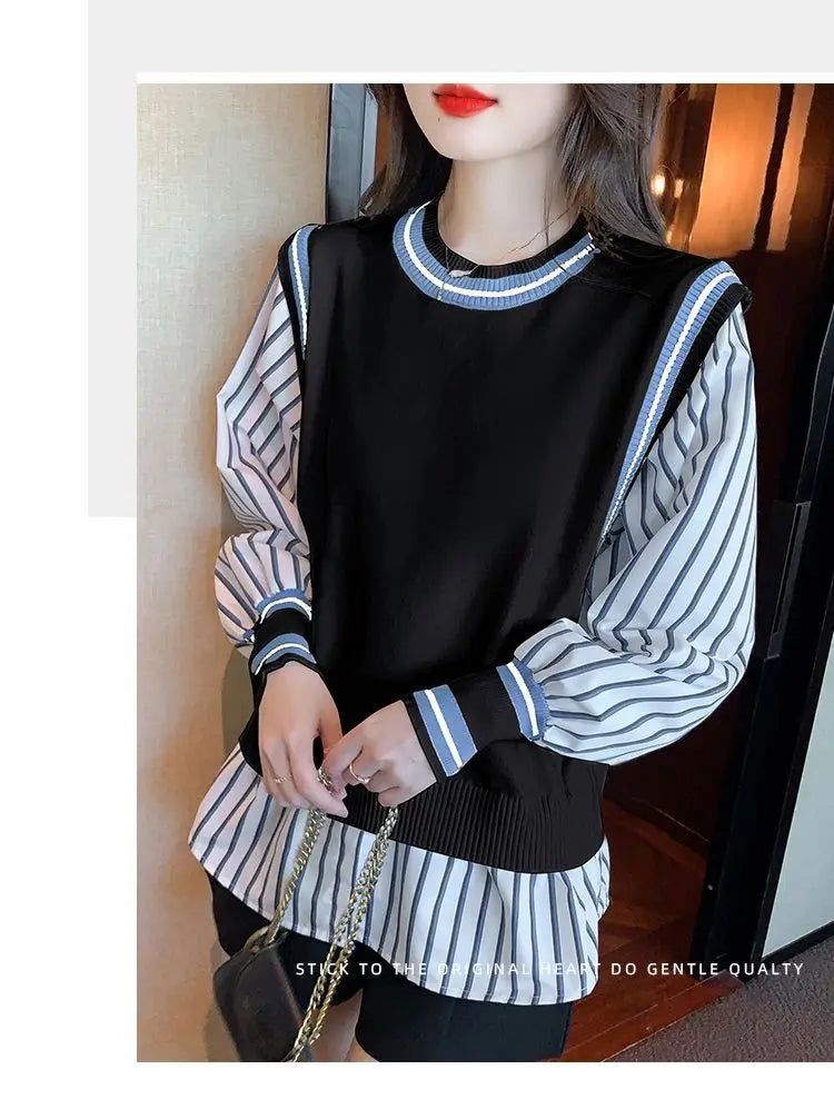 Autumn Preppy Style Patchwork O-neck Fake Two Pieces Top Tee Female Casual Striped Long Sleeve Sweatshirts Women Clothes Tshirt
