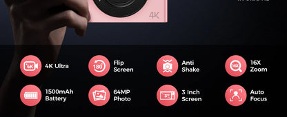 4K digital camera, 64 megapixel ultra high definition camera, 16x digital zoom 180 degree flip screen button digital camera, 32G.