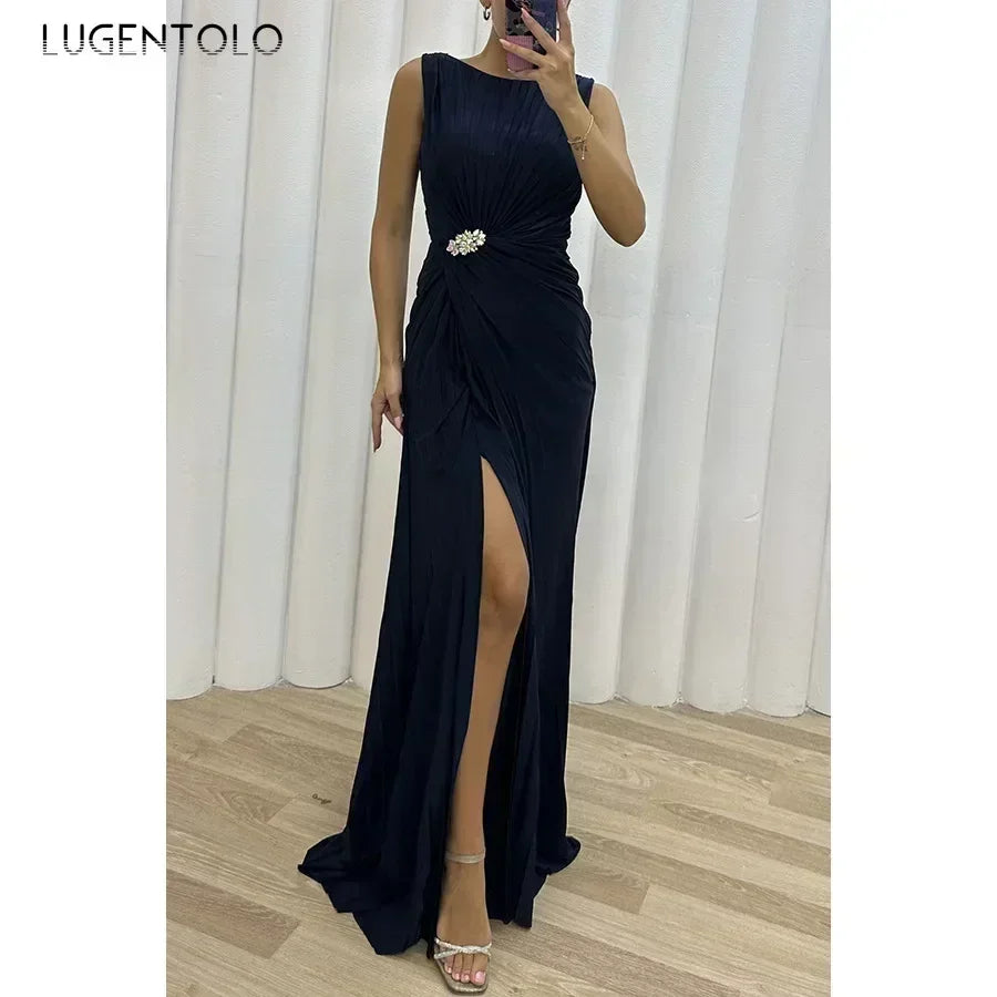 Frauen sexy Kleid neue ärmellose feste Party schlanke Empire Split weibliche elegante Rundhals Mode lange Kleidung.
