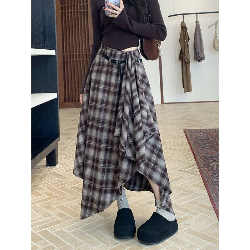 MEXZT Vintage Plaid Woolen Midi Skirt Women Y2K Harajuku Belt Asymmetrical Skirts Winter Gyaru Grunge Korean Design Faldas New.