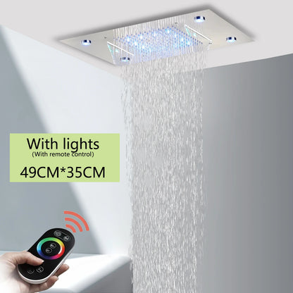 Brushed Ceiling Shower Head with LED Lights 36*50cm Large Rainfall Faucet Bathroom Tap Stainless Steel Smart Square Sprayer