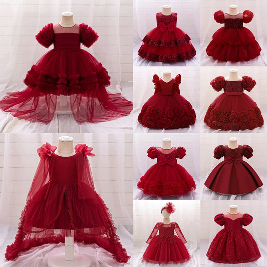 Kleinkind Rot Pailletten Mesh Kleid Mädchen Baby Einfarbig Neue Jahr Party Formale Kostüm Leistung Prinzessin Kleid Geburtstag Kleidung