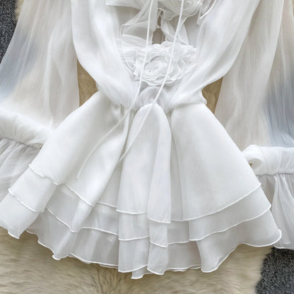 SINGREINY 3D Floral Strand Kurzes Kleid Weibliche Lange Ärmel Spitze Up Rüschen Chiffon Kuchen Sommerkleid Sheer Sexy Vintage Bohemian Kleid