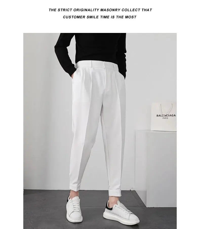 Fashion Men Casual Pants Elastic Waist Small Feet Slim Korean Style Pleated Tapered Male Blazer Pants Trousers Streetwear.