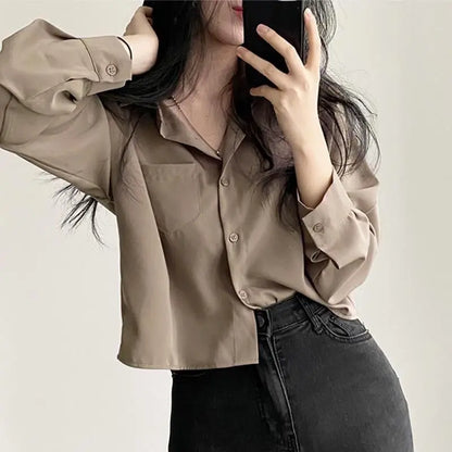 Long Sleeved Shirt And Blouse Simple Single Breasted Loose Casual Solid OL Trend Short Top Simple Elegant Fashion Women Clothes.