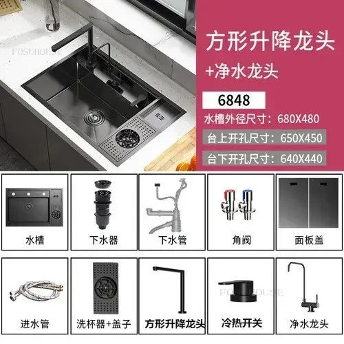 Black Concealed Kitchen Sink with Lid Stainless Steel Multifunctional Bar Built-In Vegetable Sink with Cup Wash Middle Downspout
