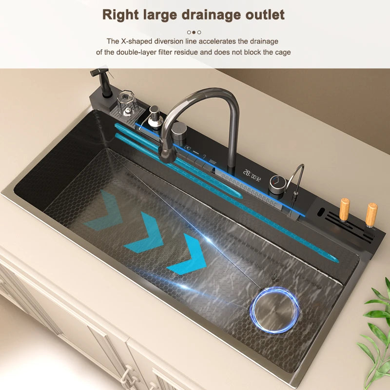 Küchenspüle, Wasserfall-Waschbecken aus Edelstahl, extra großer Einzelschlitz mit Digitalanzeige, Wasserhahn-Set für die Küche