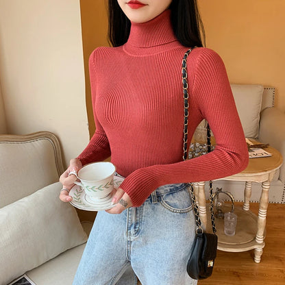 2023 herbst Winter Frauen Langarm Gestrickte Foldover Rollkragen Rippen Pull Pullover Weiche Warme Femme Jumper Pullover Kleidung