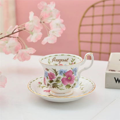 Coffee Cup and Saucer Set Month Flower Mug Bone China Drinking Set Ceramic Cup and Saucer Home Teacup Dessert Saucer Gifts