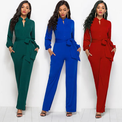 Temperament Solid Color Slim Jumpsuits Women Fashion Long Sleeve Buttons High Waist Leace-up Jumpsuit Ladies Commuting Clothing.