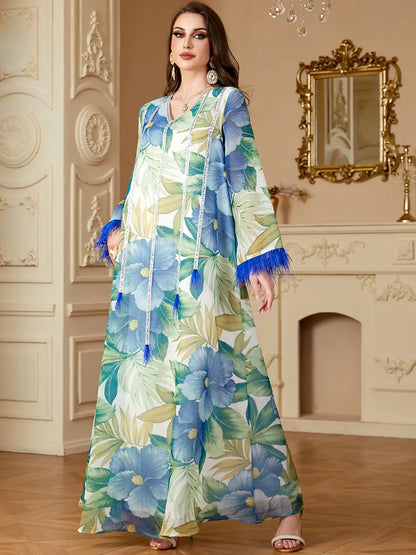 Siskakia Muslim Floral Print Dresses Women's Jalabiya Ramadan Elegant Casual Abayas Dubai Moroccan stylish Long Sleeves Kebaya.