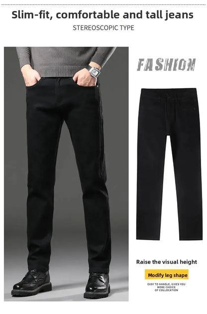 Men's Black Straight Leg Jeans Casual Elastic Business Pants High Waist Slim Fit Long Trousers New 2025 Gray Color.