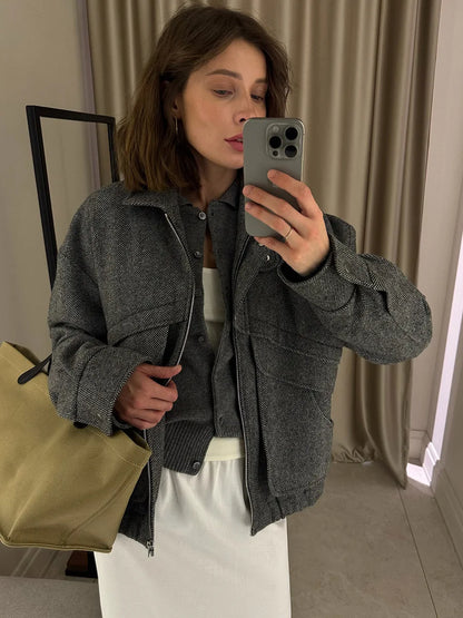 Tossy Autumn Grey Zipper Outwear Jackets Female Solid Loose Patchwork High Waist Cropped Top Coat Streetwear Women's Y2k Jackets.