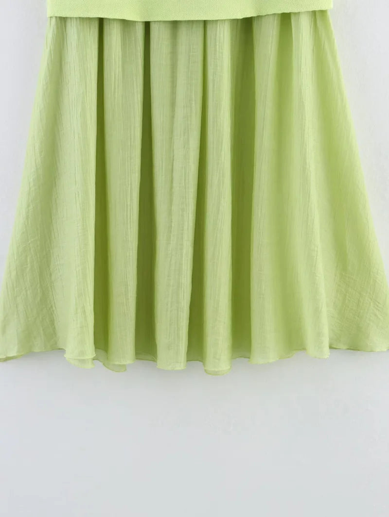 ETJ 2025 spring new  women's elegant fashion same color splicing small pleated hem high waist knit skirt