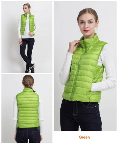 0-10 ℃   Frauen Westen Herbst Winter Ultra Licht Ente Unten Weste Weibliche Dünne Ärmellose Jacke Winddicht Warme Puffer Weste 4XL