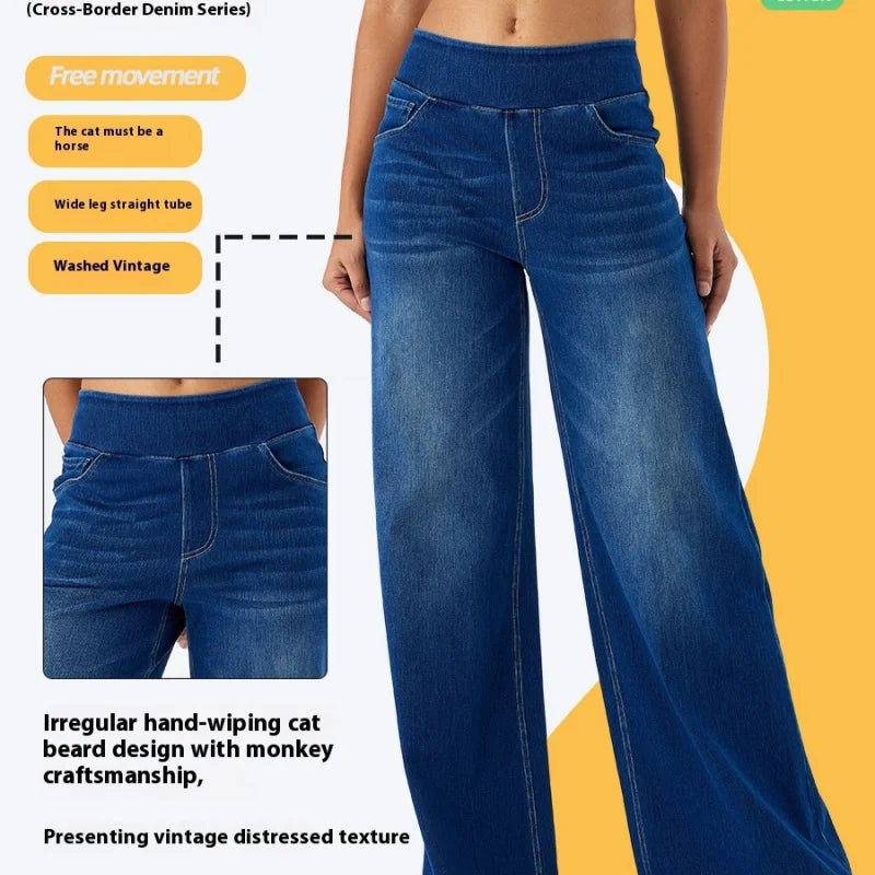 Women's New Large Size Denim Wide-Legged Trousers American High-Waisted Thin Straight Loose Casual Trousers Casual Jeans.
