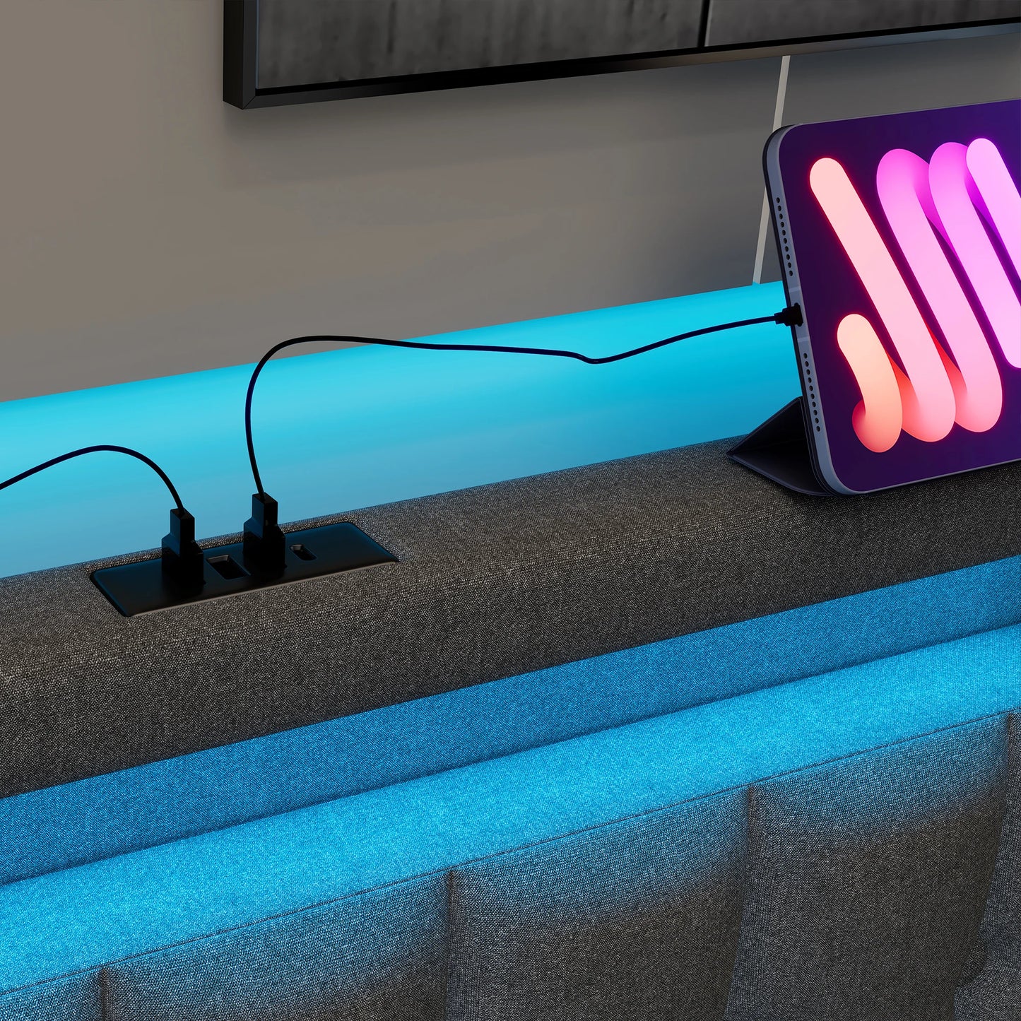 KOMHTOM Polsterbett Einzelbett Jugendbett 90x200 cm Grau - USB Typ C Ladefunktion, LED-Beleuchtung, 2 Schubladen, ohne Matratze