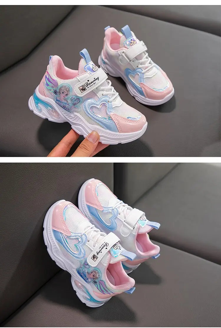 Disney Girls' Casual Shoes Frozen Priness Elsa Sneakers Mesh Leather White Breathable Sole Children's Sport Shoes Size 26-37.