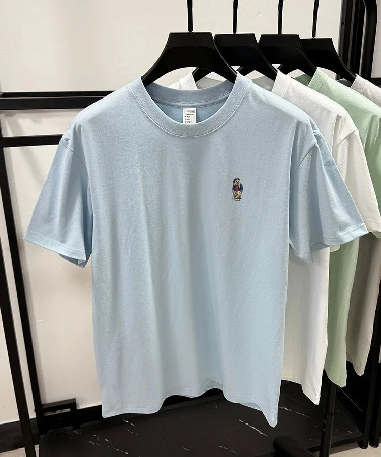 Light luxury 100% cotton men's T-shirt short sleeve round neck skin friendly comfort fashion brand cartoon bear embroidered top.