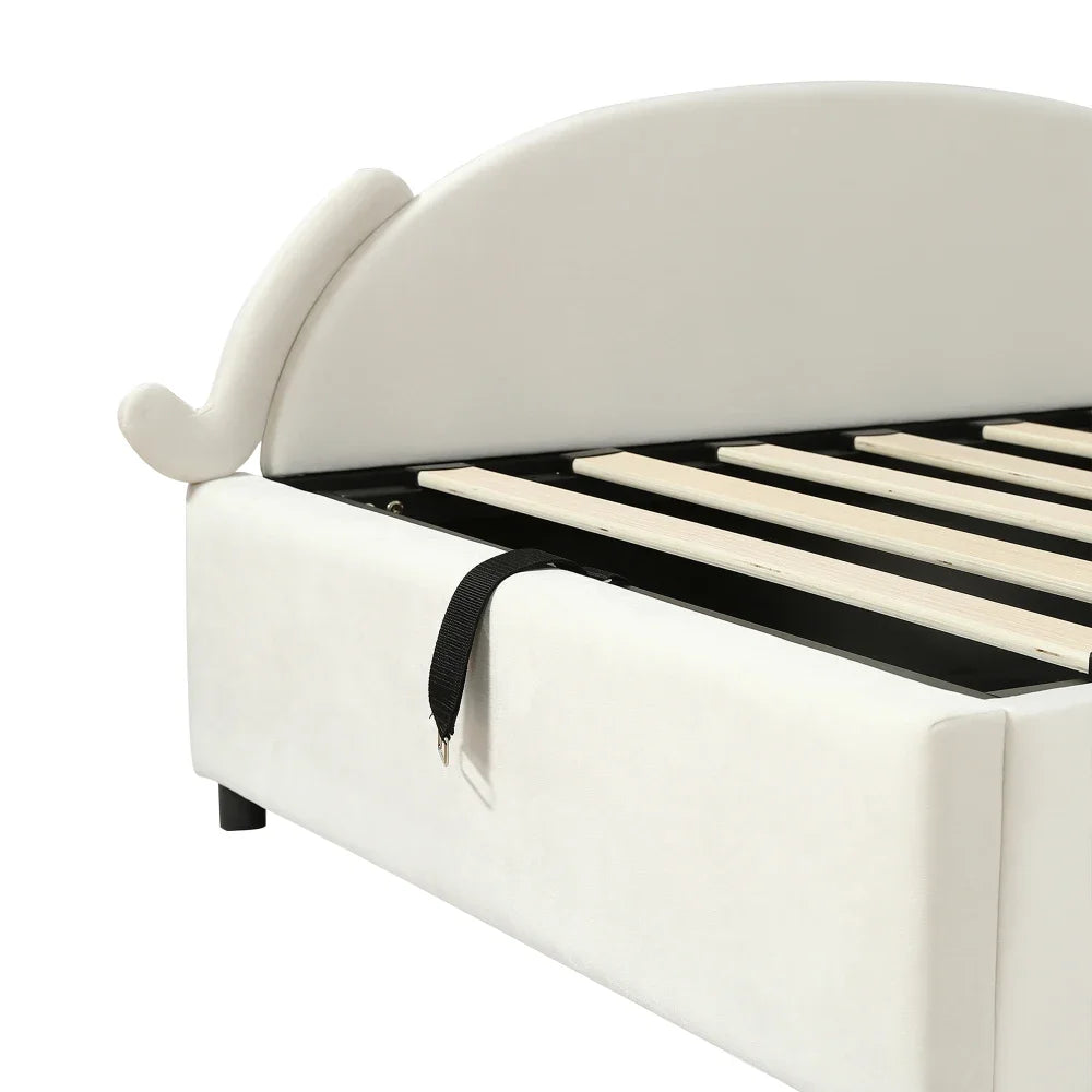 Polsterbett, Einzelbett, süßes Katzendesign, hydraulisches Bett mit Stauraum und Gürtelgriffen, stabiler Gitterrost, 90 x 200 cm