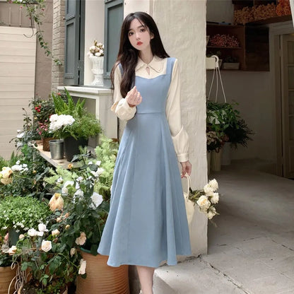 Solide Patchwork Vierkant hals Langarm gefälschte zweiteilige Kleider elegante Mode Harajuku weibliche Kleidung lässig alle Match Rock