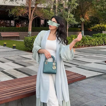 2025 Ramadan Satin muslimischen bescheidenen Kleid arabische Frauen öffnen Abaya Dubai islamische Langarm Cardigan Kleidung Truthahn schlichte Robe.